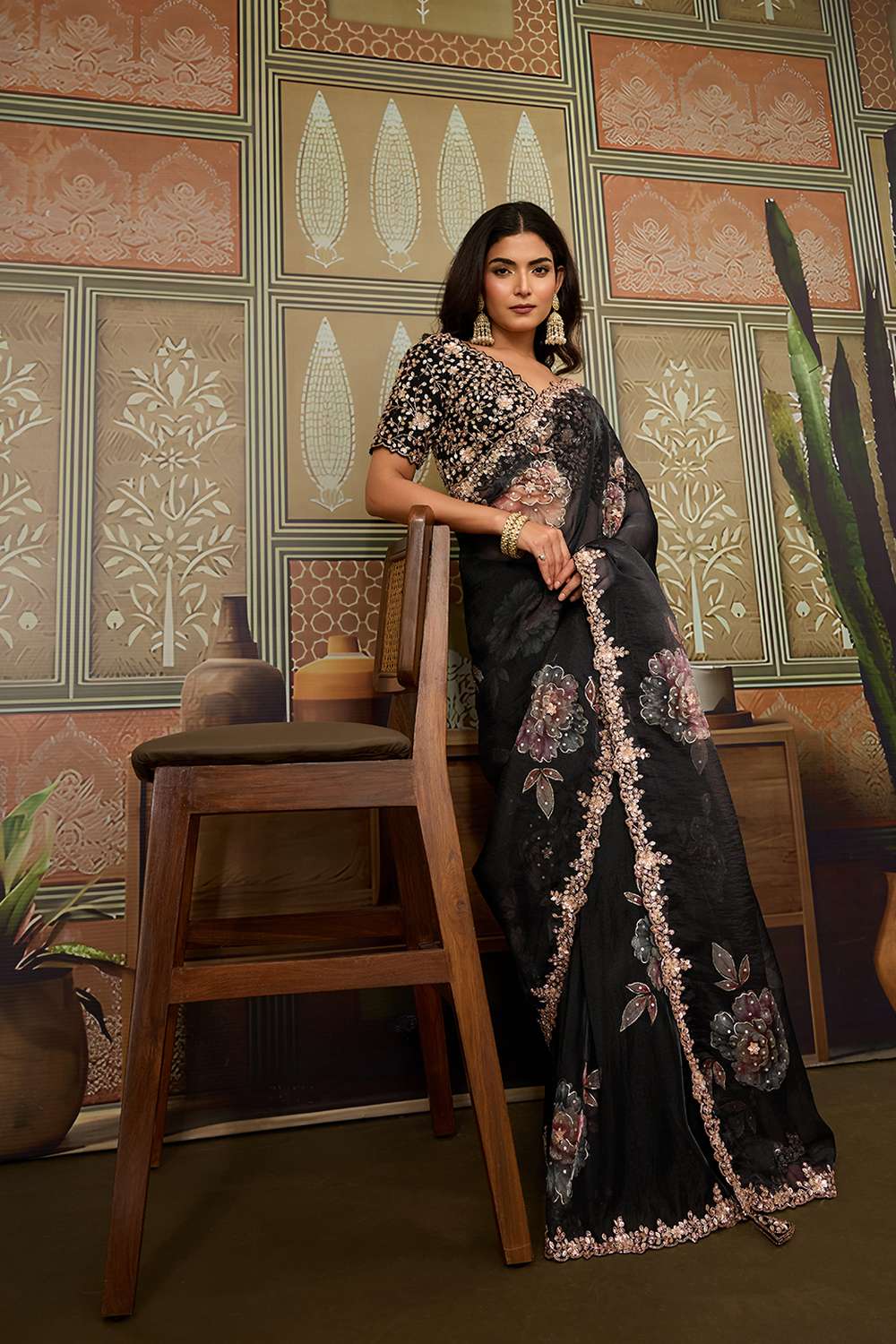 Risha Luxe Black Tissue Organza Saree with Cutdana Work Ready to Wear Saree