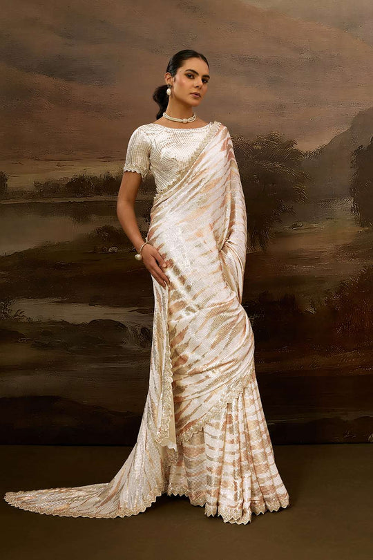 Dua Luxe Cream Gold Viscose Organza Sequins Ready to Wear Saree
