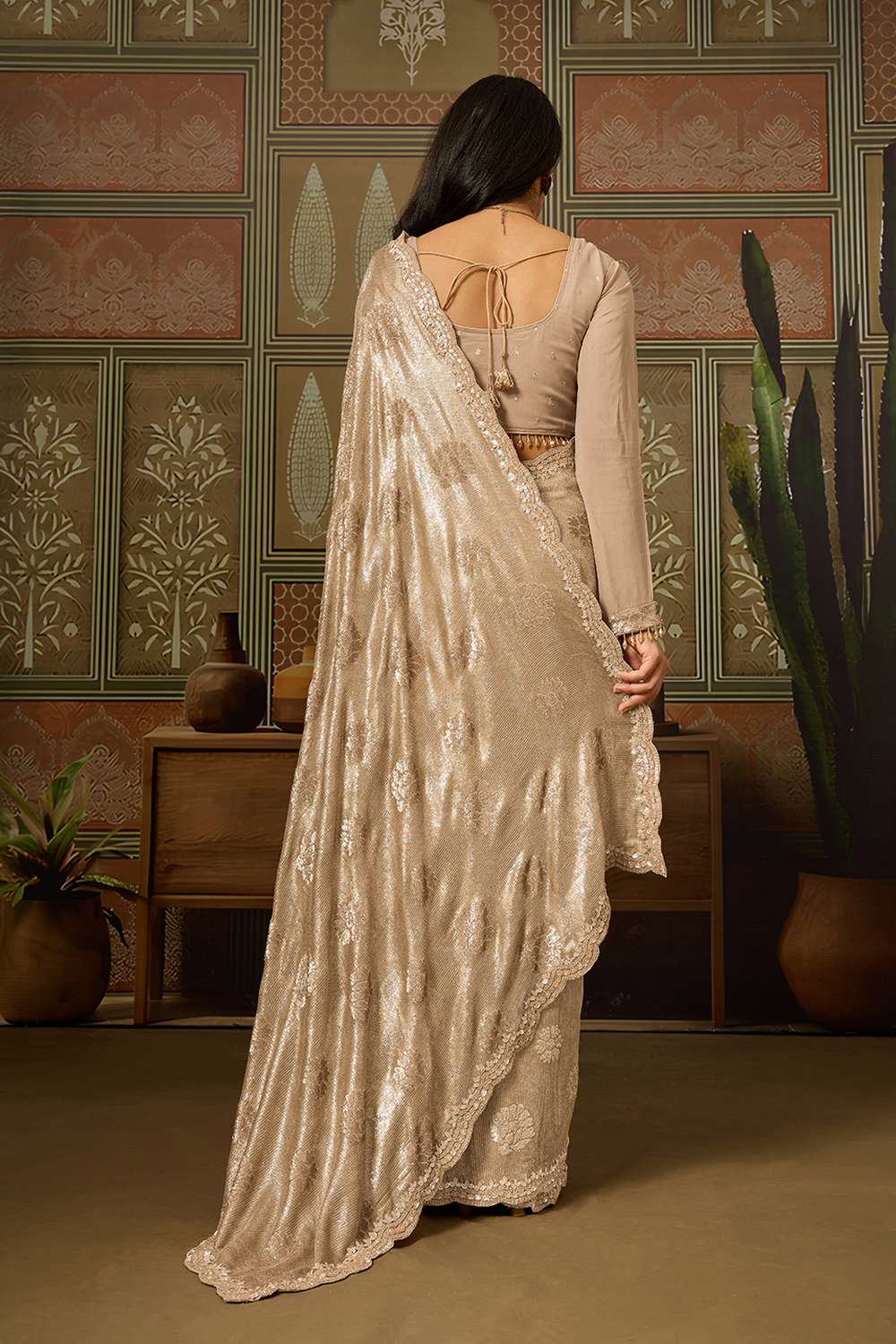 Charlotte Luxe Champagne Gold Pure Viscose Organza Cutdana Work Ready to Wear Saree
