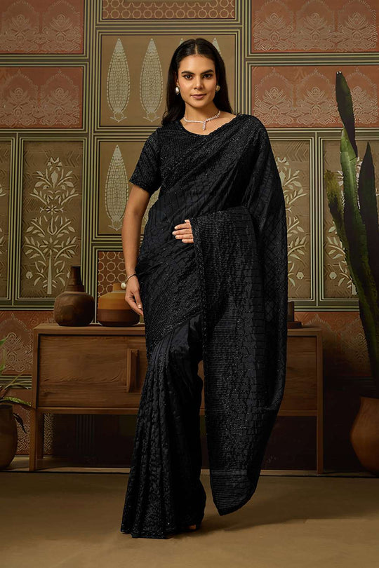 Amina Black Viscose Organza with Cutdana Work One Minute Saree