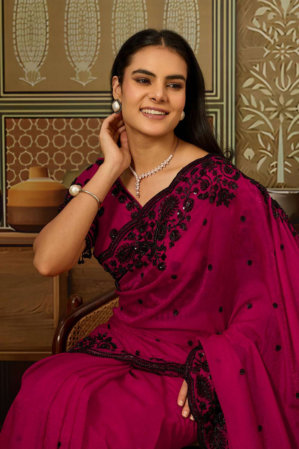 Paula Luxe Magenta Crush Organza Black Sequins Embroidered Ready to Wear Saree