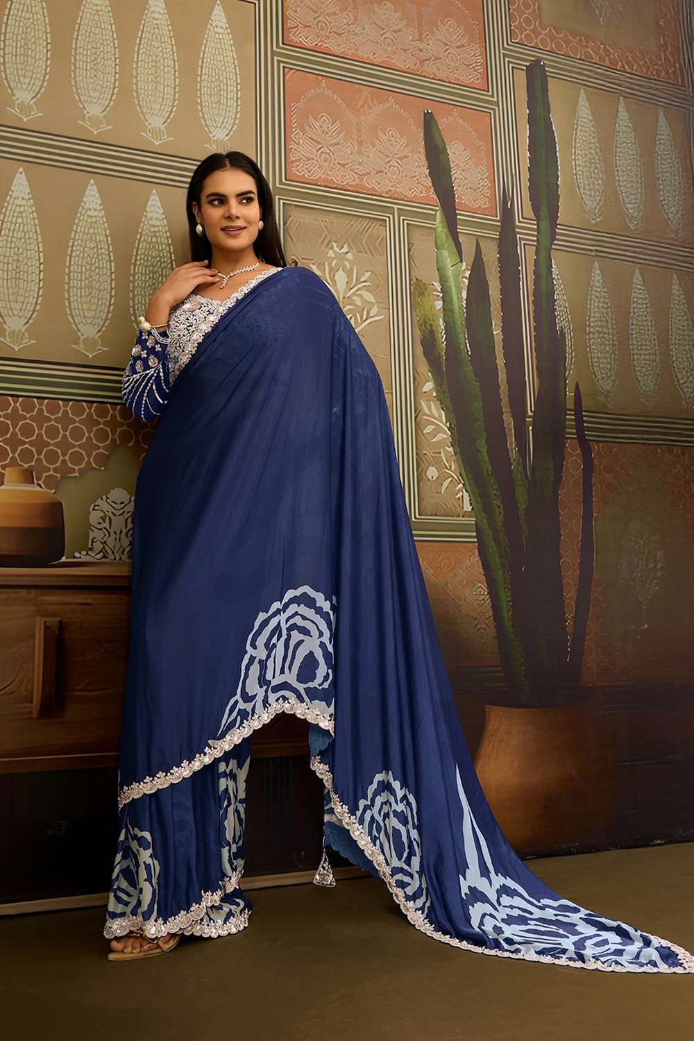 Naina Navy Blue Satin White Sequins Lace Work Ready to Wear Saree