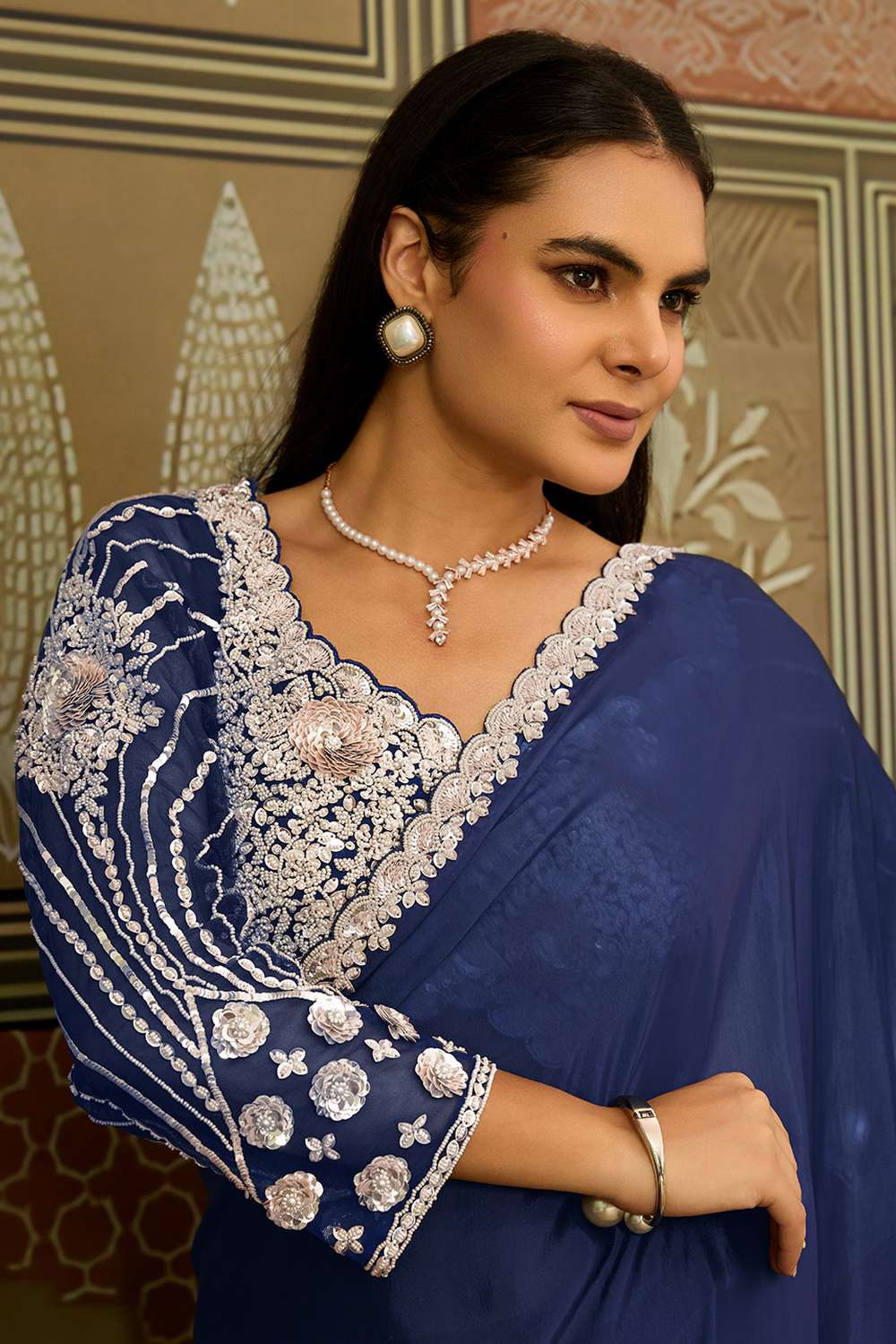 Naina Navy Blue Satin White Sequins Lace Work Ready to Wear Saree