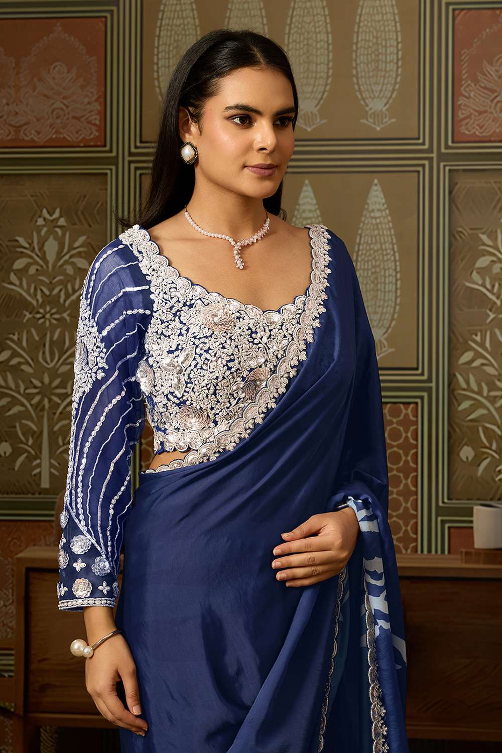 Naina Navy Blue Satin White Sequins Lace Work Ready to Wear Saree