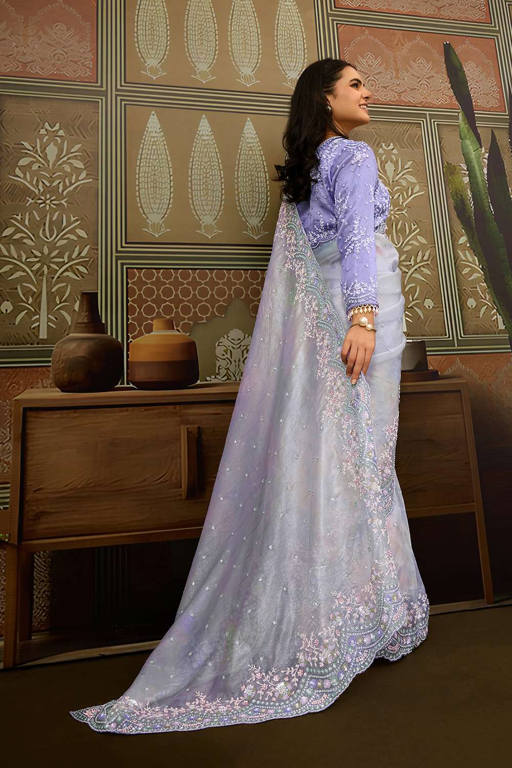 Alice Pastel Lavender Organza Moti Embellished Ready to Wear Saree