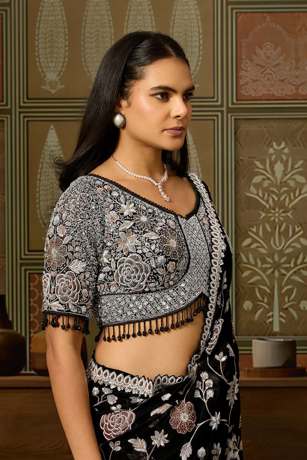 Shabana Luxe Black Viscose Organza Sequins Embroidered Jaal Ready to Wear Saree