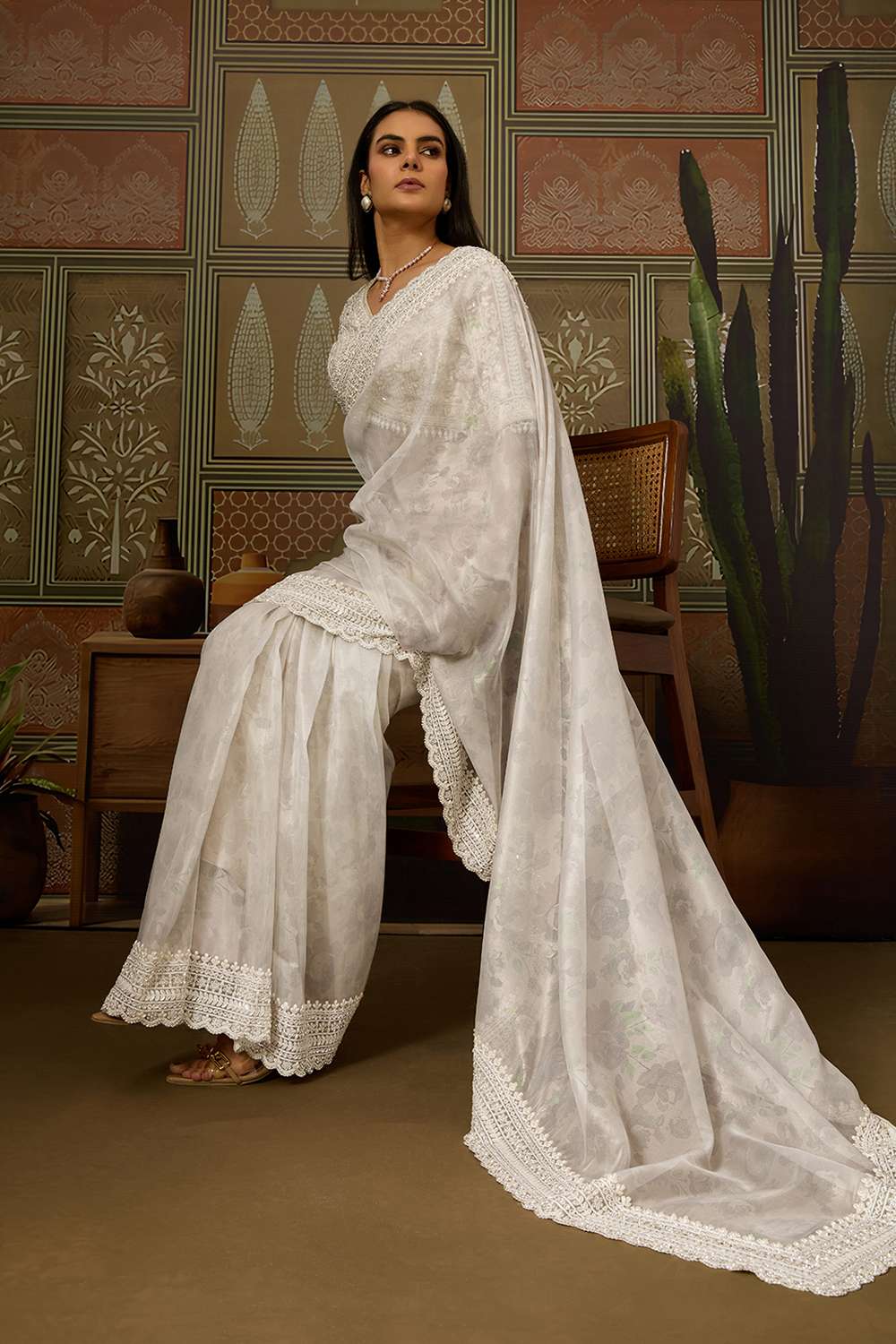 Anjie White Foil Print Organza Handworked Ready to Wear One Minute Saree