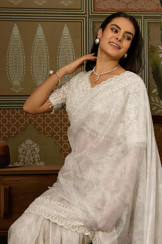 Anjie White Foil Print Organza Handworked Ready to Wear One Minute Saree