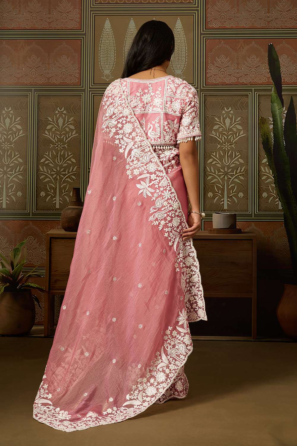 Tina Dusty Pink Tissue Organza White Embroidered Ready Saree