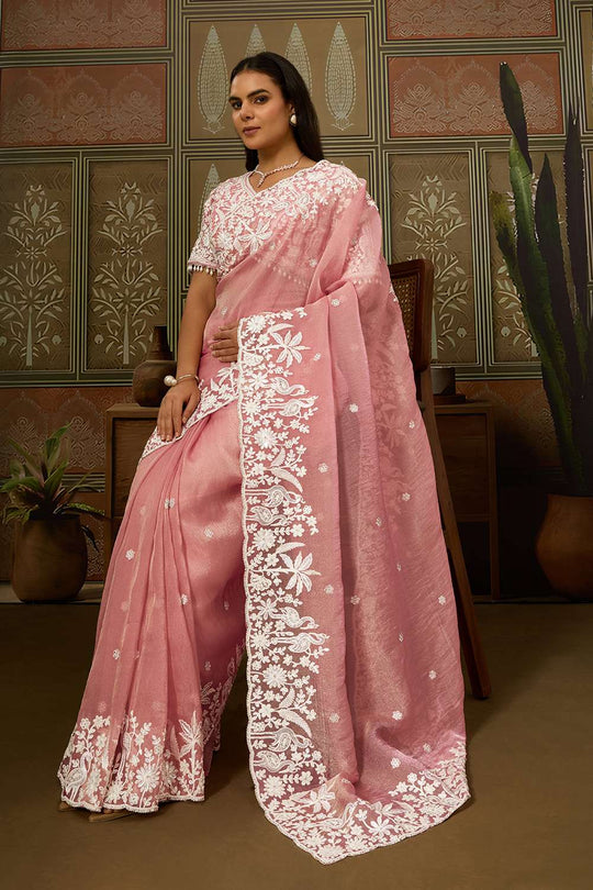Tina Dusty Pink Tissue Organza White Embroidered Ready Saree