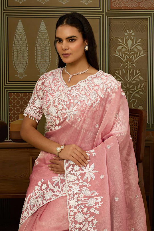 Tina Dusty Pink Tissue Organza White Embroidered Ready Saree