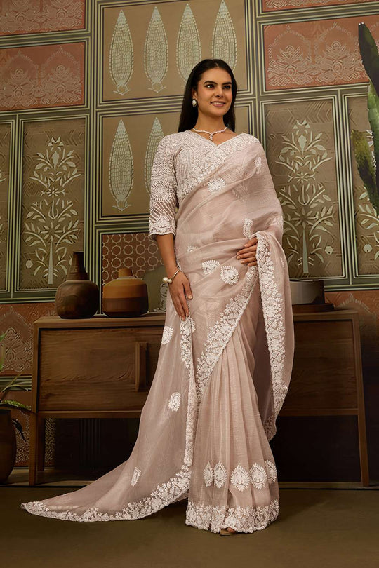 Joyce Soft Beige Blush Organza Butti Embroidered Ready to Wear Saree
