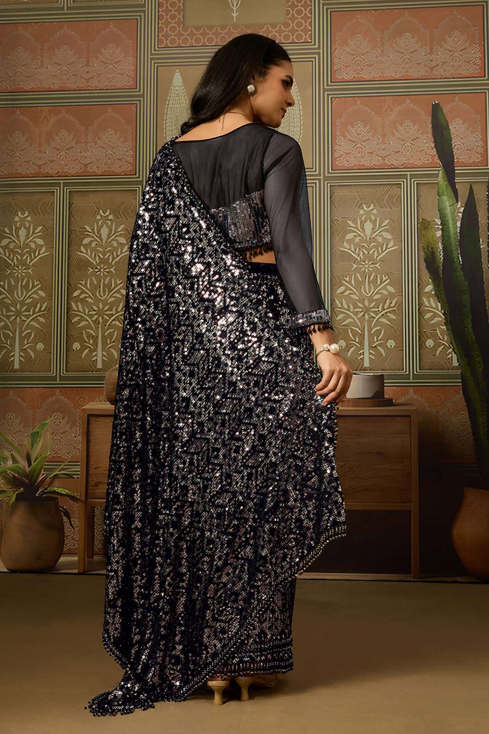 Twinkle Luxe Black Viscose Organza Sequins with Crystal Lace Ready to Wear Saree