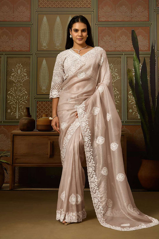 Joyce Soft Beige Blush Organza Butti Embroidered Ready to Wear Saree
