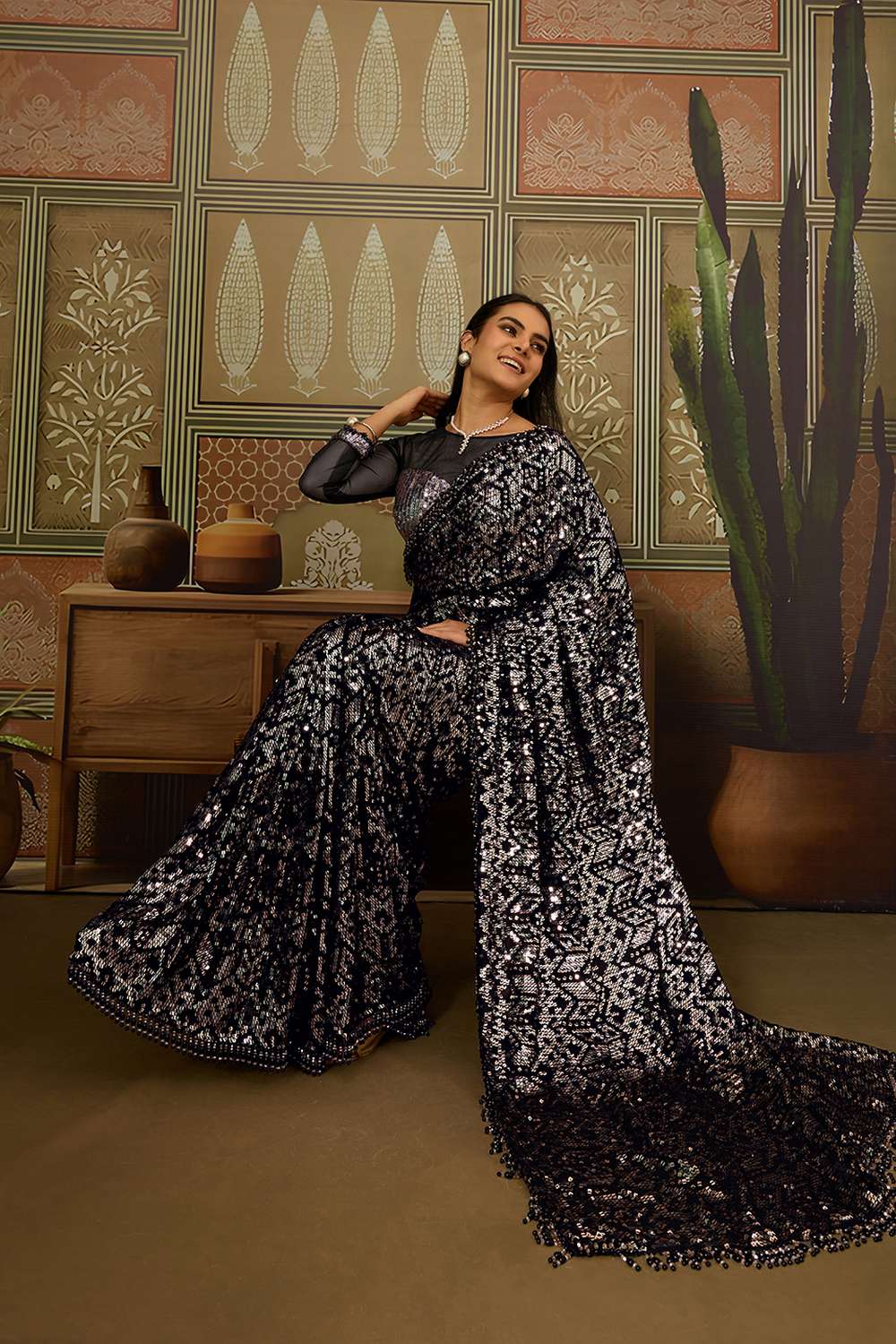 Twinkle Luxe Black Viscose Organza Sequins with Crystal Lace Ready to Wear Saree