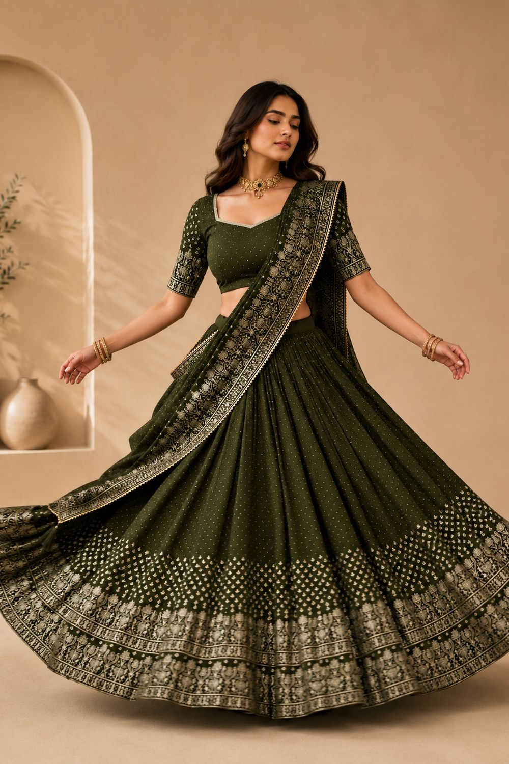 Alissa Mehendi Crepe Zari Embroidered Ready to Wear Lehenga Saree