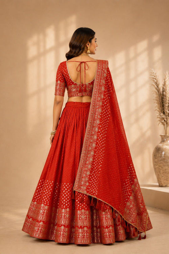 Alissa Rust Orange Crepe Zari Embroidered Ready to Wear Lehenga Saree