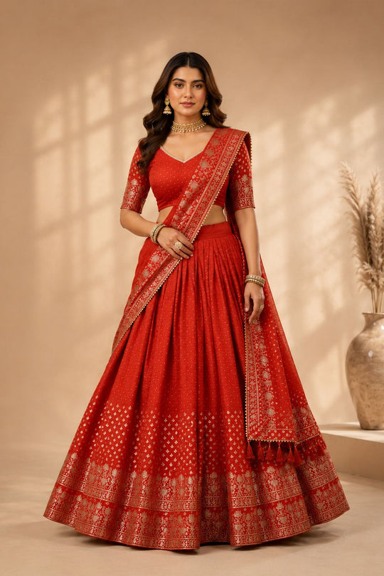 Alissa Rust Orange Crepe Zari Embroidered Ready to Wear Lehenga Saree