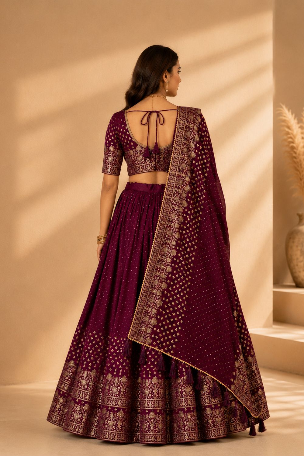 Alissa Wine Crepe Zari Embroidered Ready to Wear Lehenga Saree
