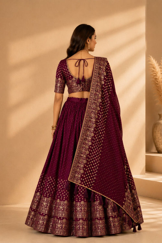 Alissa Wine Crepe Zari Embroidered Ready to Wear Lehenga Saree