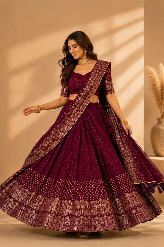 Alissa Wine Crepe Zari Embroidered Ready to Wear Lehenga Saree