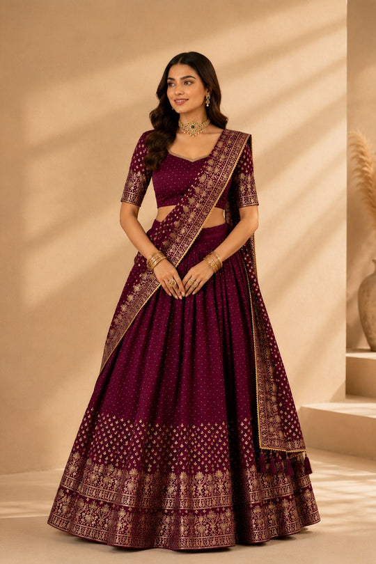 Alissa Wine Crepe Zari Embroidered Ready to Wear Lehenga Saree