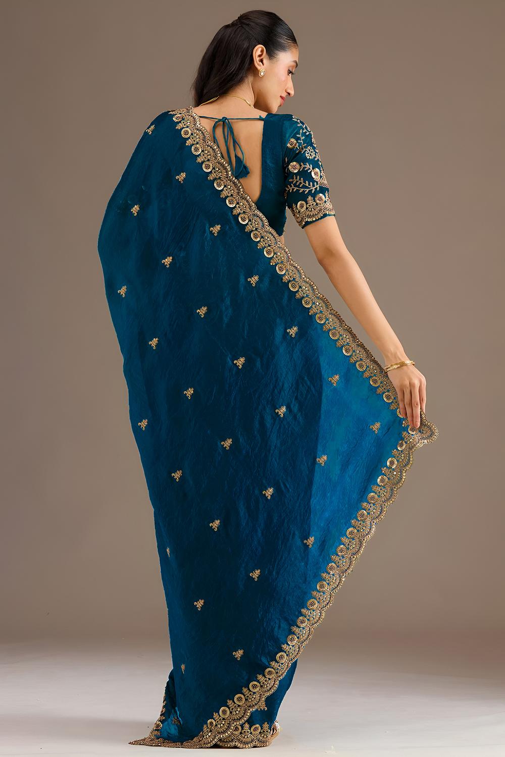 Mumtaz Dove Blue Tissue Gold Embroidered Ready to Wear Saree