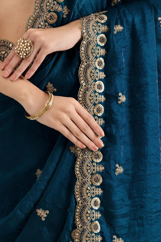 Mumtaz Dove Blue Tissue Gold Embroidered Ready to Wear Saree