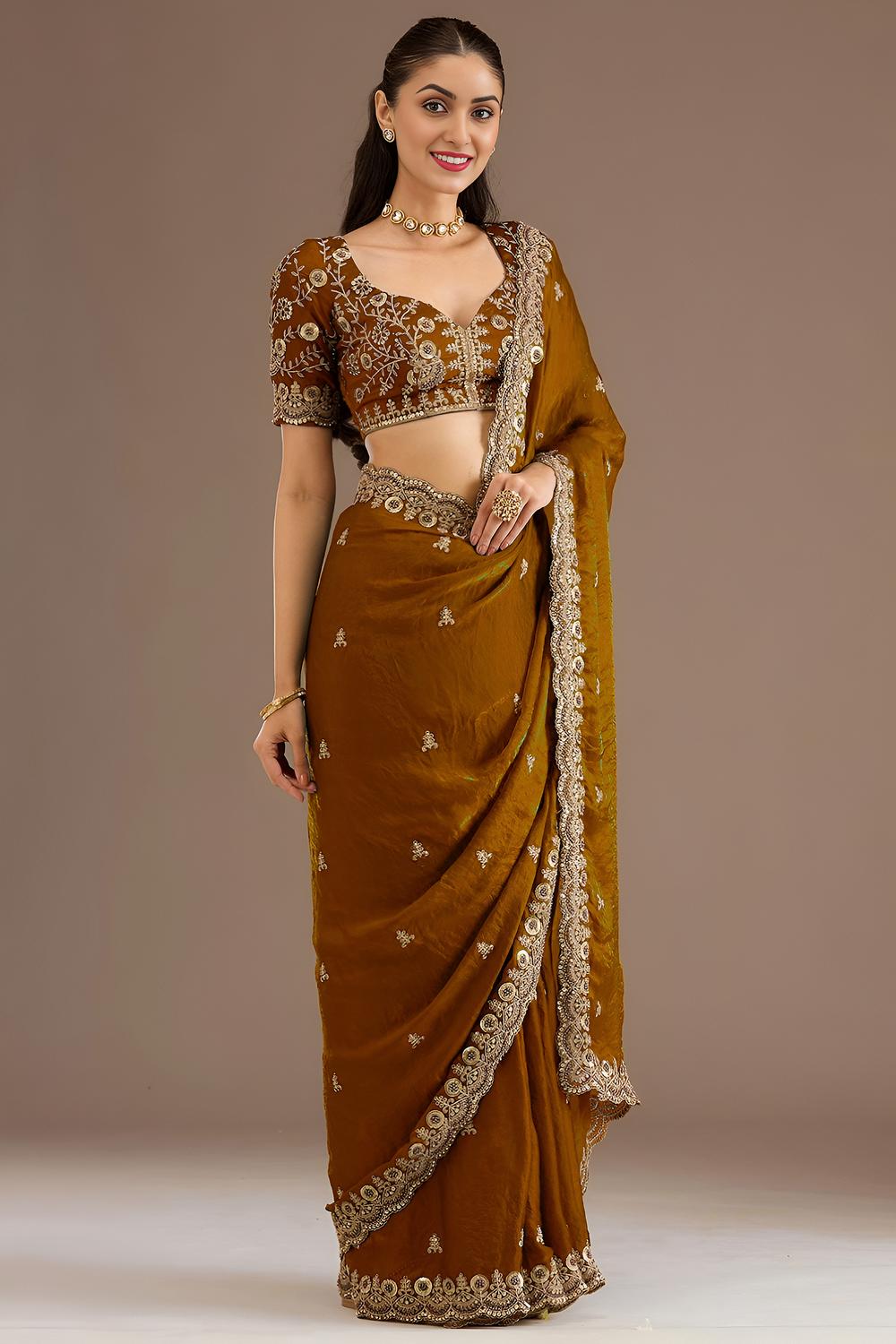 Mumtaz Carmel Tissue Gold Embroidered Ready to Wear Saree