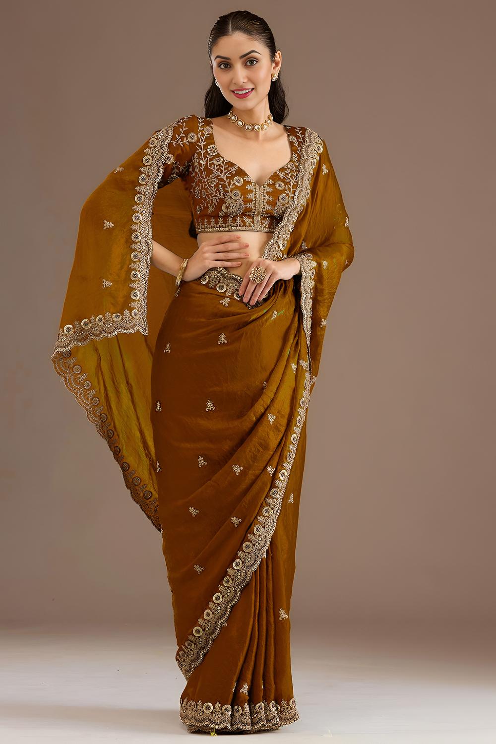 Mumtaz Carmel Tissue Gold Embroidered Ready to Wear Saree