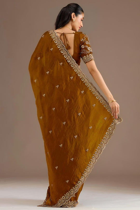 Mumtaz Carmel Tissue Gold Embroidered Ready to Wear Saree