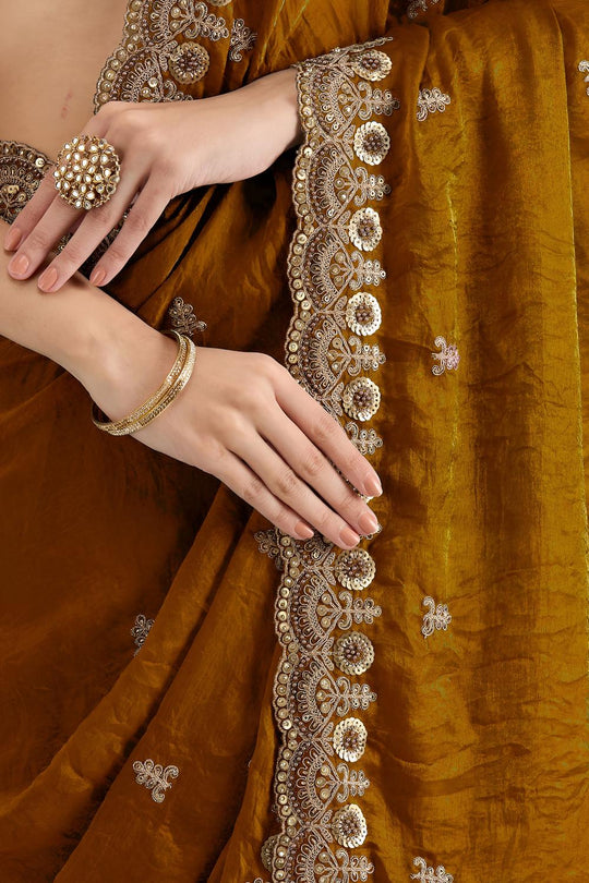 Mumtaz Carmel Tissue Gold Embroidered Ready to Wear Saree