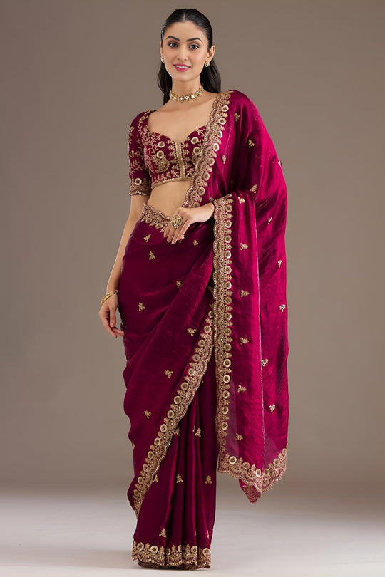 Mumtaz Maroon Tissue Gold Embroidered Ready to Wear Saree