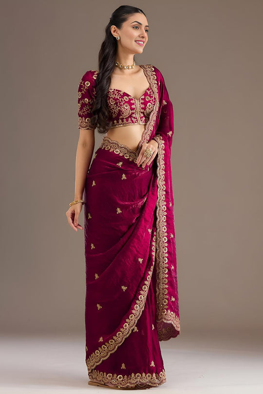 Mumtaz Maroon Tissue Gold Embroidered Ready to Wear Saree