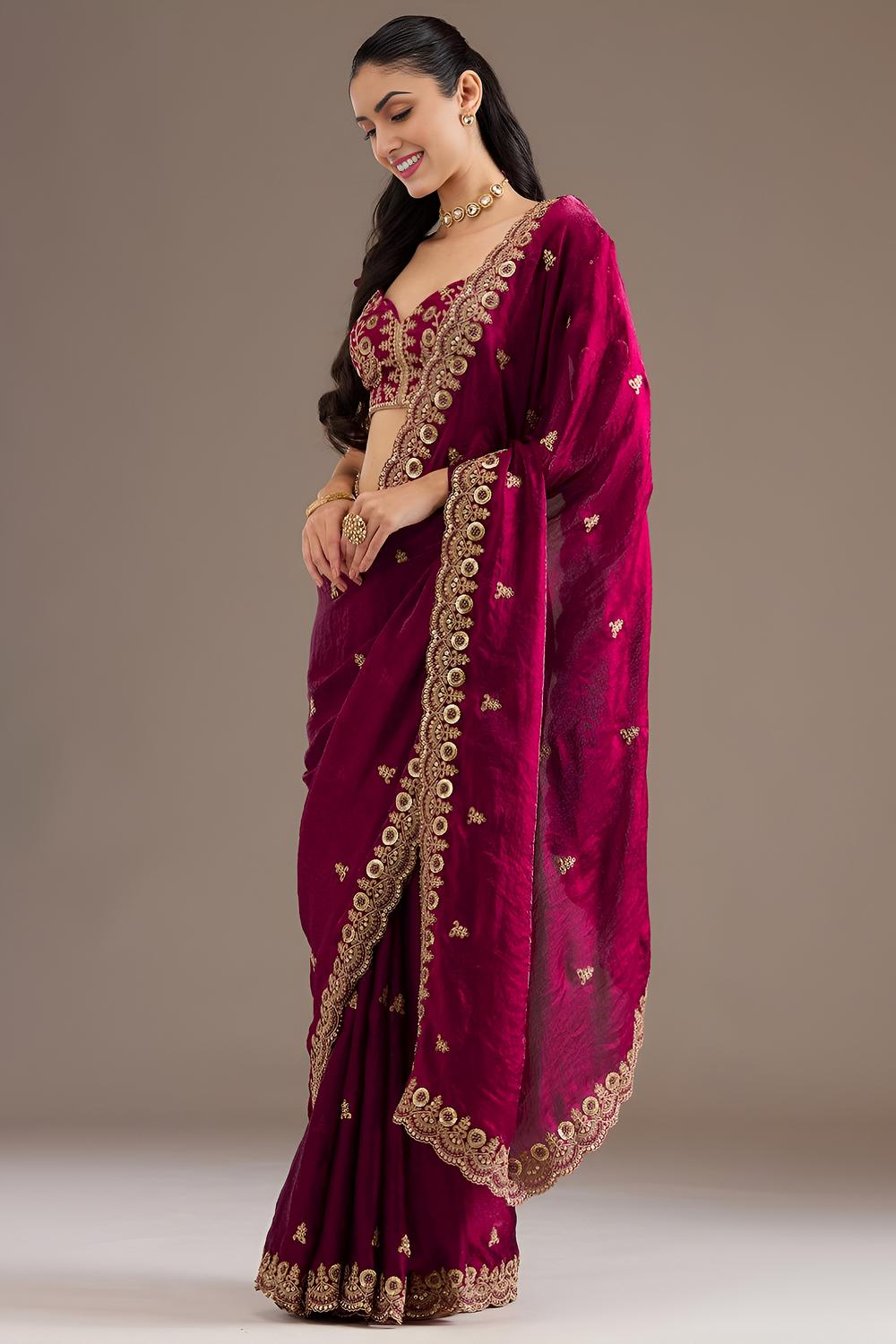 Mumtaz Maroon Tissue Gold Embroidered Ready to Wear Saree