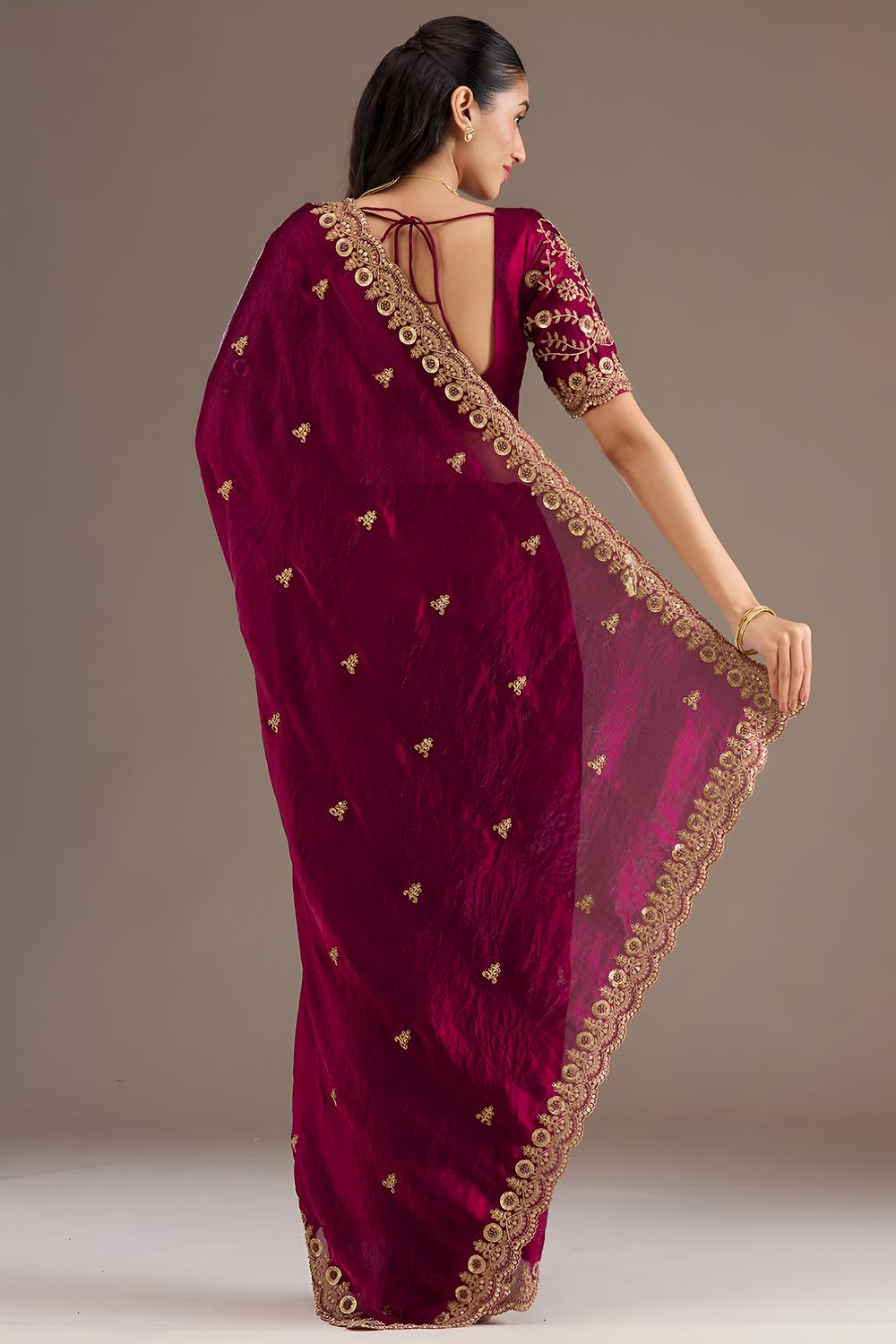 Mumtaz Maroon Tissue Gold Embroidered Ready to Wear Saree
