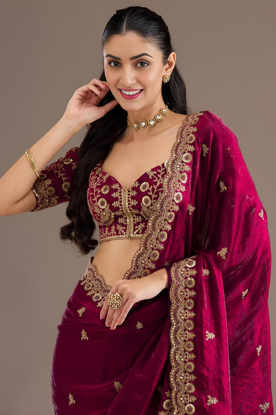 Mumtaz Maroon Tissue Gold Embroidered Ready to Wear Saree