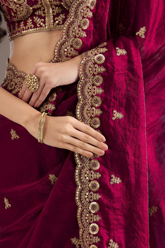 Mumtaz Maroon Tissue Gold Embroidered Ready to Wear Saree