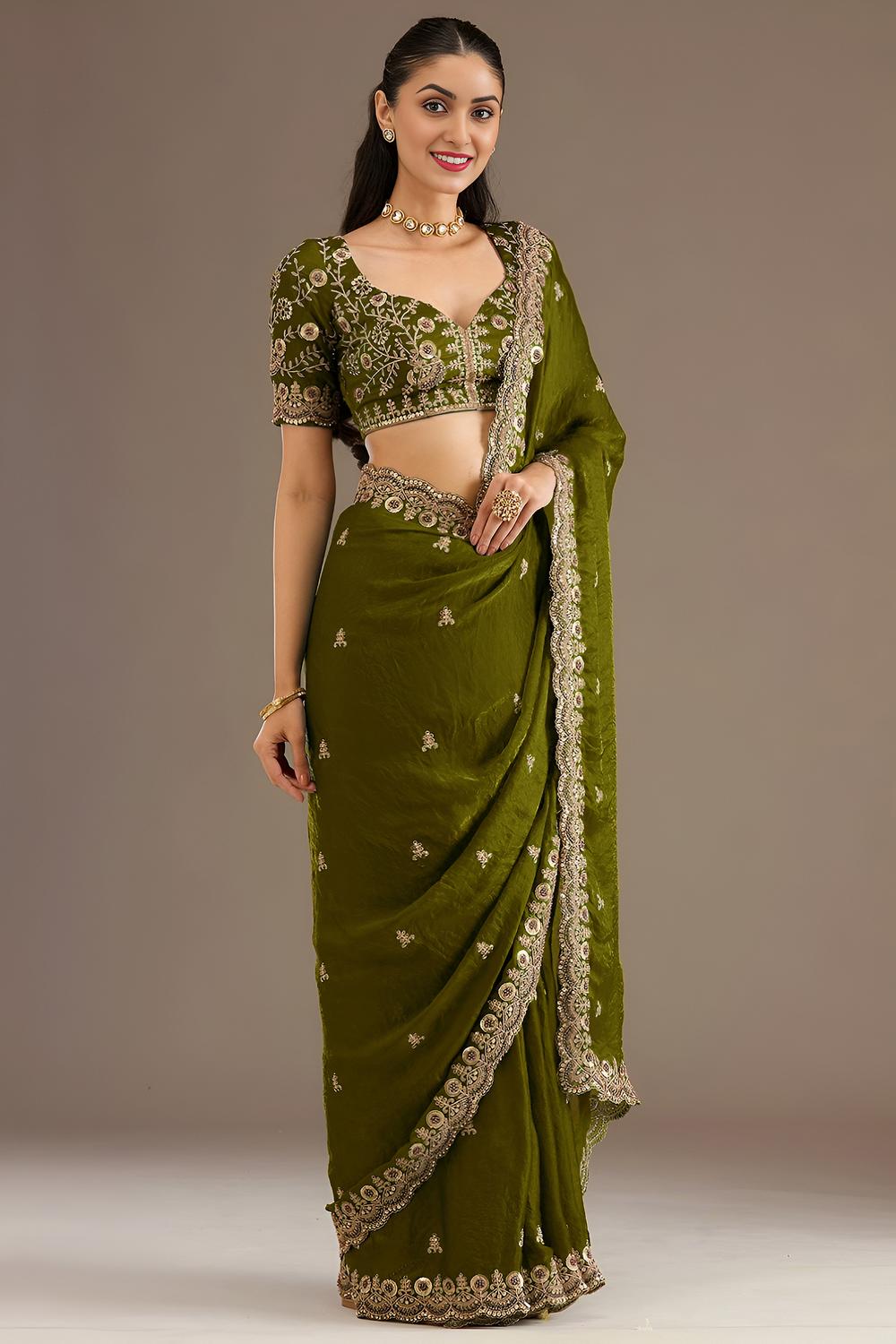 Mumtaz Olive Green Tissue Gold Embroidered Ready to Wear Saree