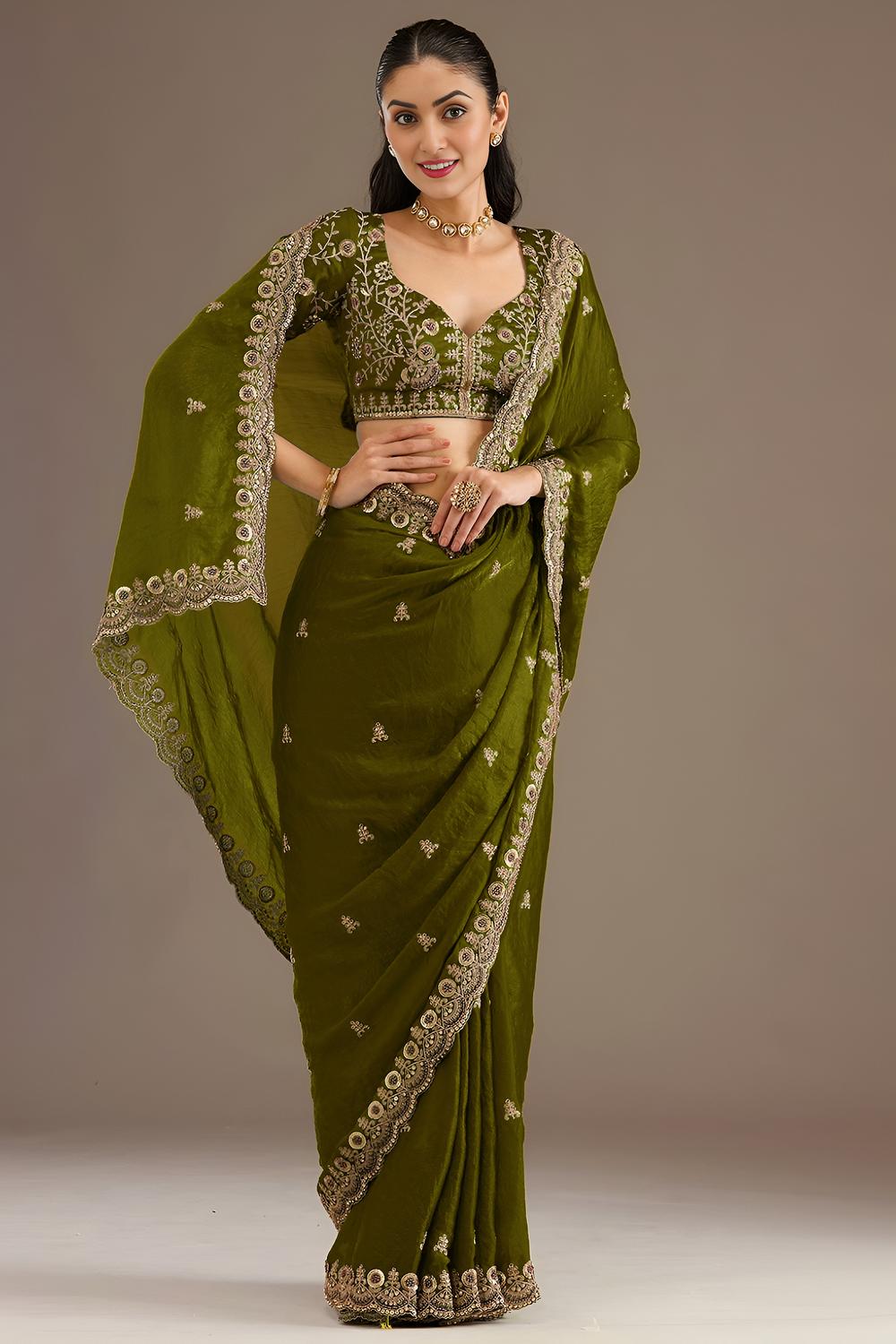Mumtaz Olive Green Tissue Gold Embroidered Ready to Wear Saree