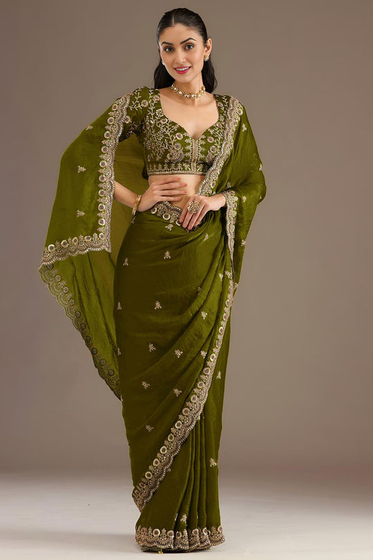 Mumtaz Olive Green Tissue Gold Embroidered Ready to Wear Saree
