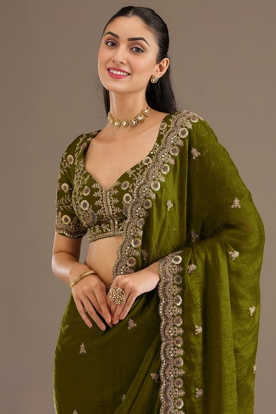 Mumtaz Olive Green Tissue Gold Embroidered Ready to Wear Saree