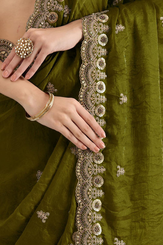 Mumtaz Olive Green Tissue Gold Embroidered Ready to Wear Saree