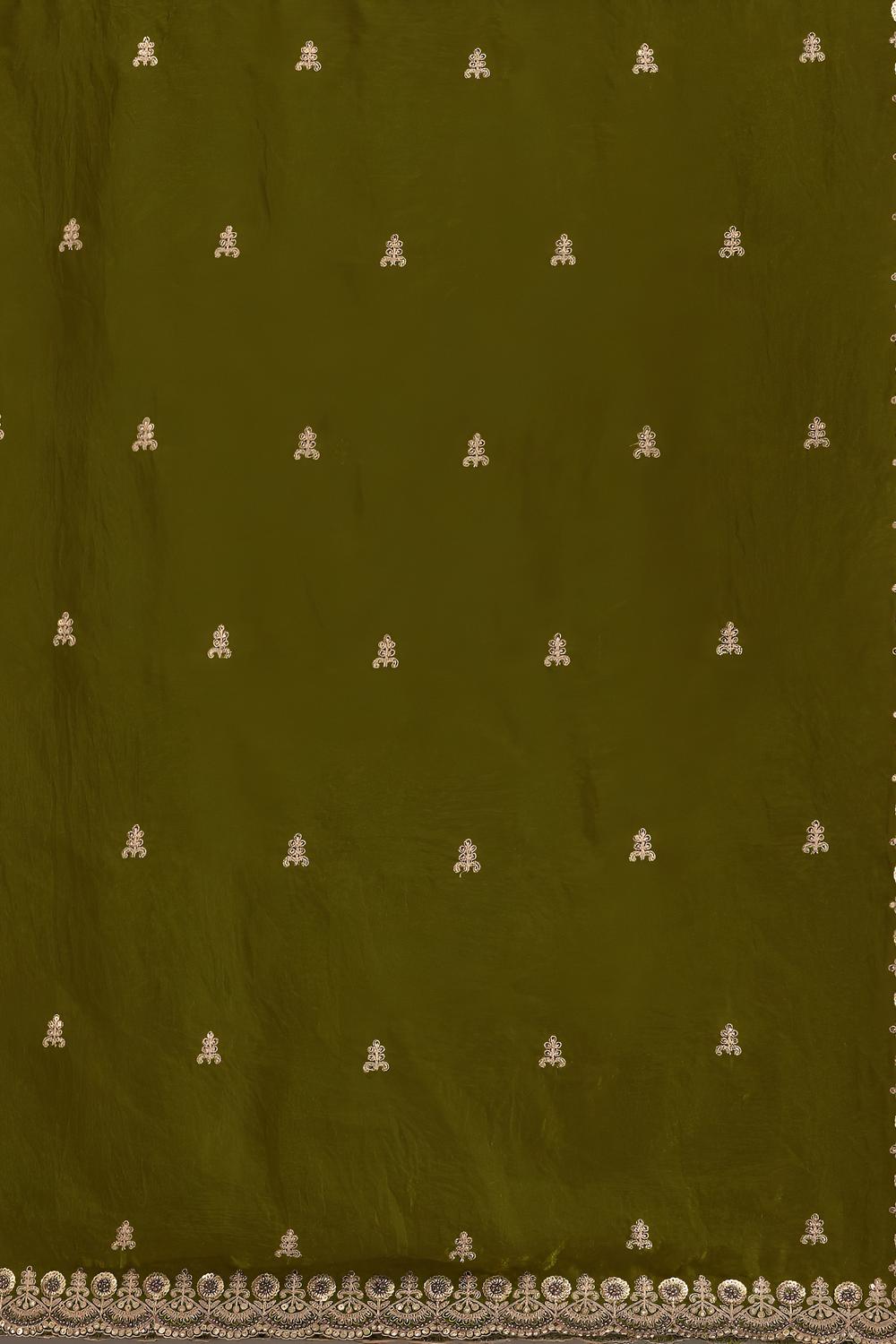 Mumtaz Olive Green Tissue Gold Embroidered Ready to Wear Saree