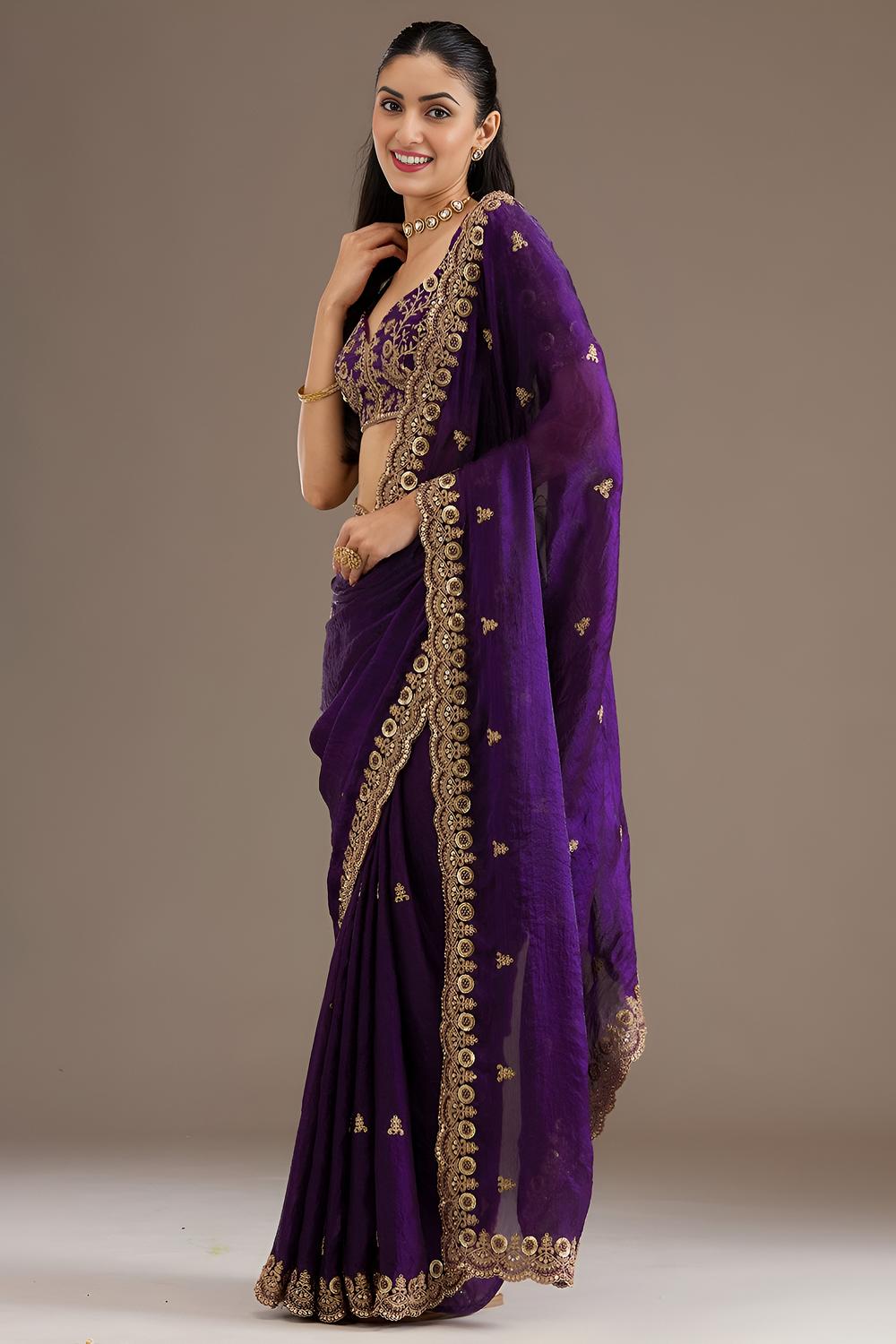 Mumtaz Purple Tissue Gold Embroidered Ready to Wear Saree