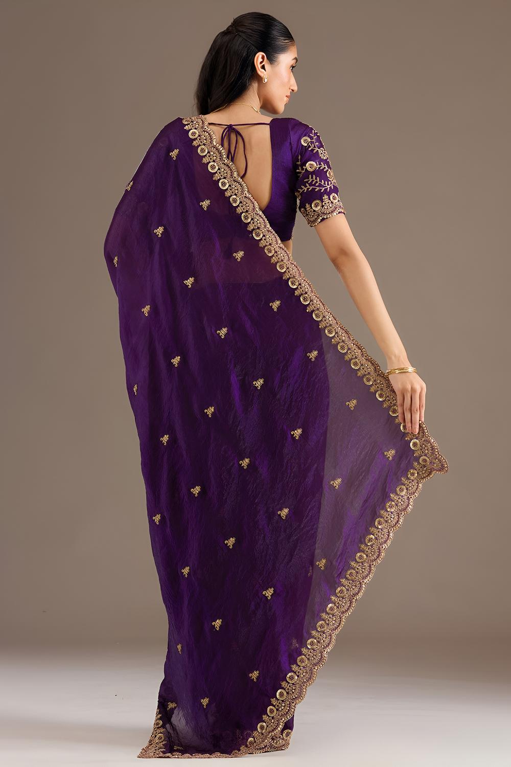 Saree Sample Purple Embroidered Tissue Designer Border Ready to Wear Online Saree ...
