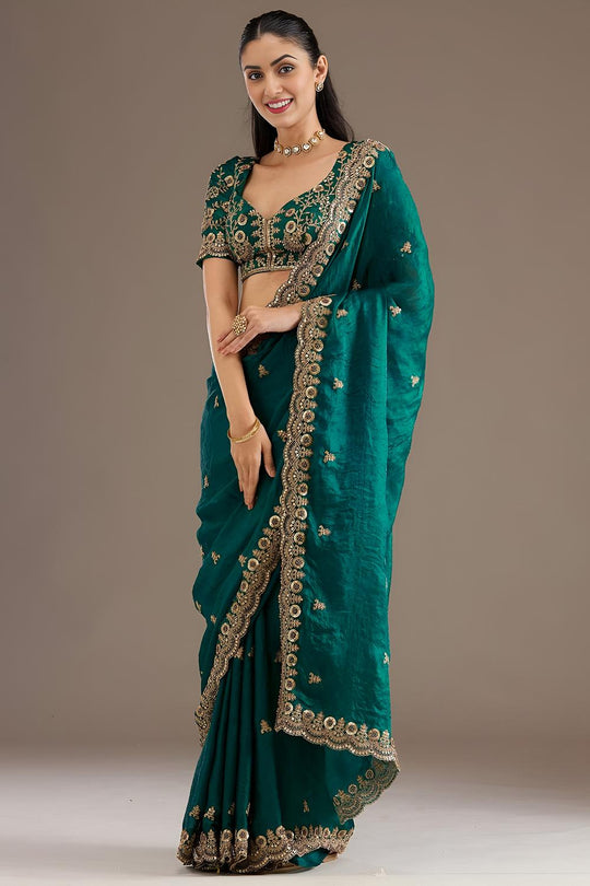 Mumtaz Teal Tissue Gold Embroidered Ready to Wear Saree