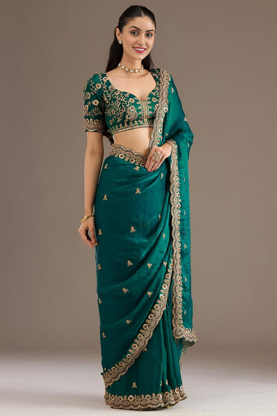 Mumtaz Teal Tissue Gold Embroidered Ready to Wear Saree