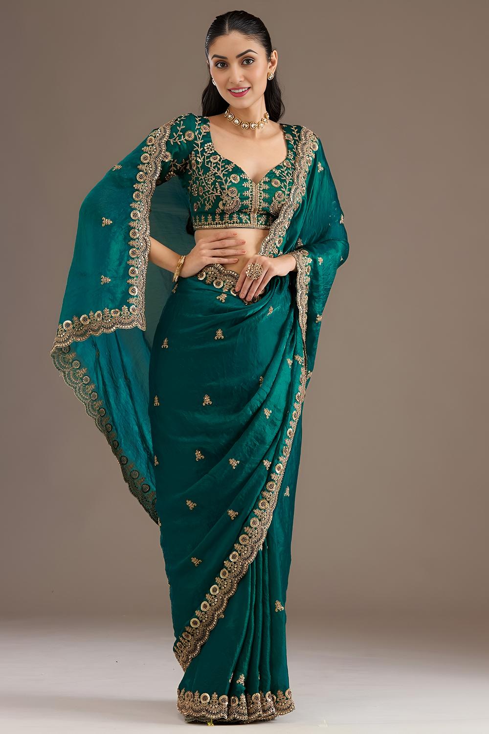 Mumtaz Teal Tissue Gold Embroidered Ready to Wear Saree