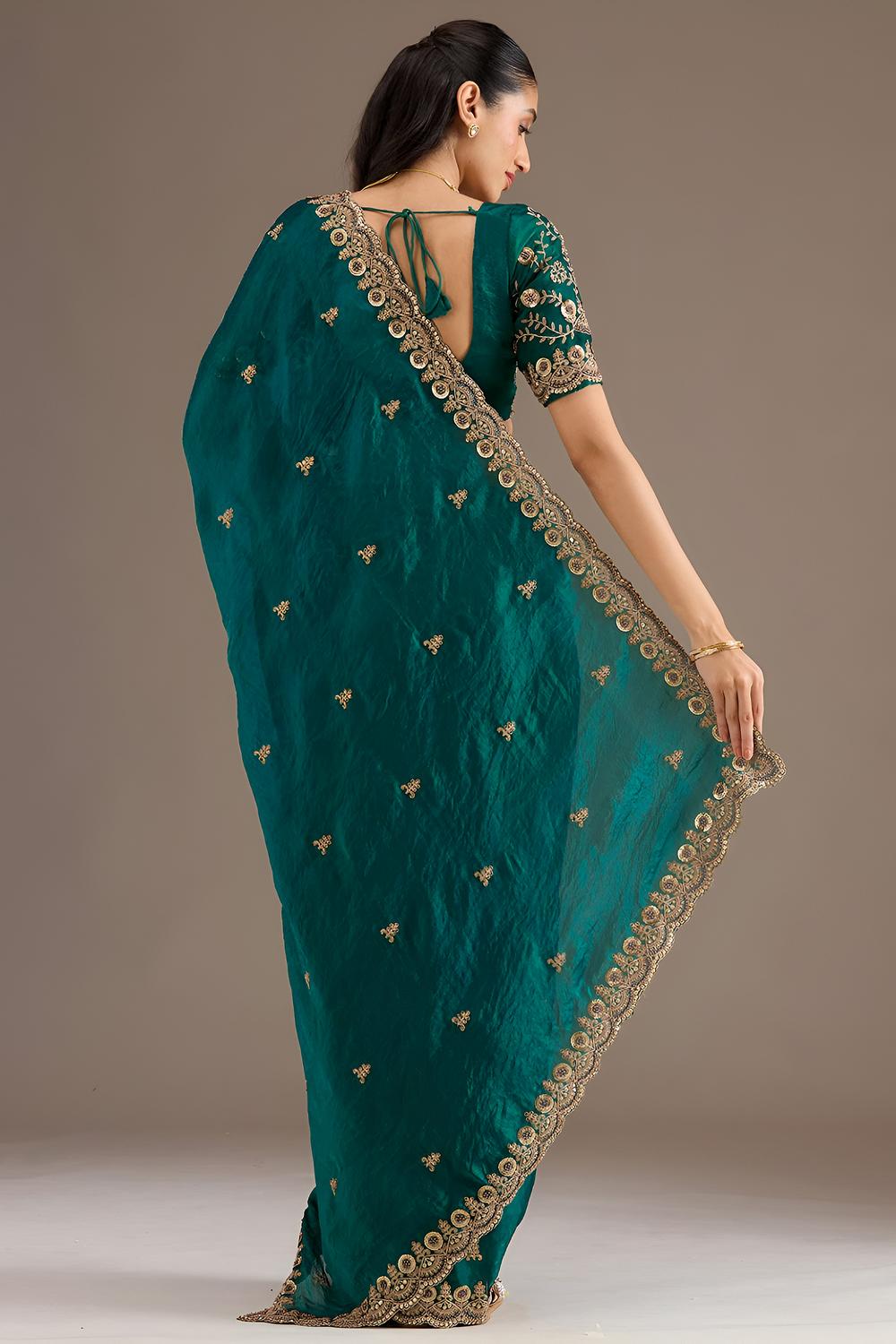 Mumtaz Teal Tissue Gold Embroidered Ready to Wear Saree